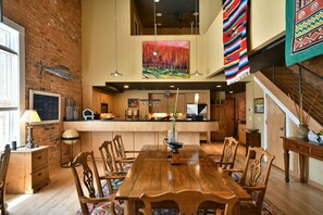 Large dining room and kitchen.