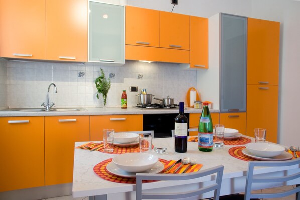 Well equipped kitchen, table, 4 chairs in open space with living room and Sat TV