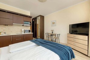 The bedroom area is combined with a kitchenette with all the necessary equipment for preparing meals. Opposite the bed is a chest of drawers with a flat screen.