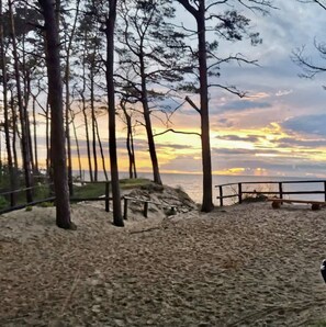 Beach overlooking the sea. 