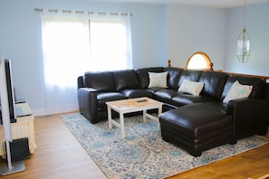 New leather sofa and for large family seating!
