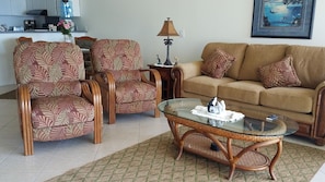 Living Room with Ocean View, So
fa Bed and Recliner Chairs