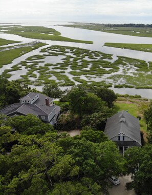 Aerial view with inlet in the back round. We are on the right.