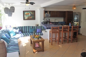 Lower level seating and kitchen area.
