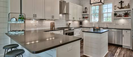 kitchen fit for a gourmet, wide and open to the living and dining areas