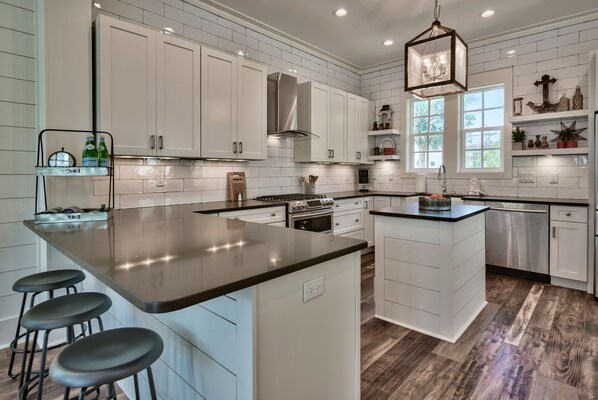 kitchen fit for a gourmet, wide and open to the living and dining areas