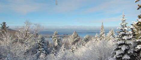 Winter view of the mountains and lake from the back deck