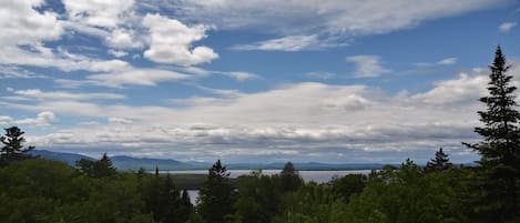 Breathtaking mountain and lake views from the back deck.