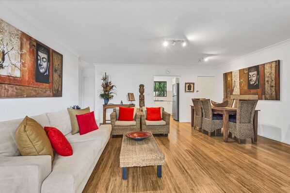 lounge/dining room with polished Bamboo flooring.