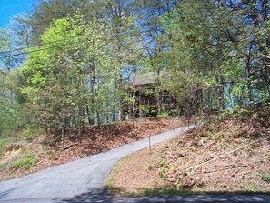 Cabin sits up and off the street.  Paved wide roads and driveway.