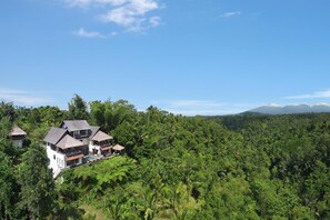 Villa front drone shot, cottages are situated behind the building in the garden.