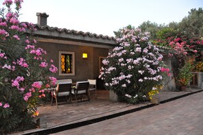 Front of the house with blooming oleanders