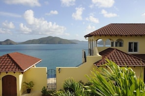 The pool entry to the infiniti pool and the stunning view of Guana Island