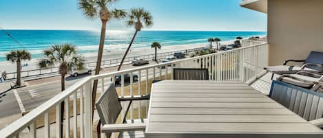 Looking to the West from our balcony on  the new bar height table set.