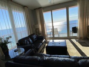 Living Room has a full-sized leather sofa and loveseat.