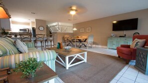 Open floor plan of Kitchen, dinning area, and living room with back porch.