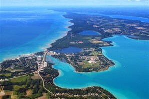 Sky view of Elk Rapids, Lake Mi, Elk Lake and Torch Lake
