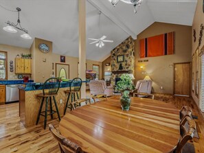 Spacious living room, dining room, kitchen for large groups to gather together with plenty of room.