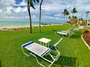 Relax on a chase lounge on the lawn next to our private beach.