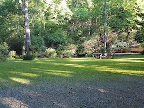 Open grassy area for campfires and another deck for stream watching