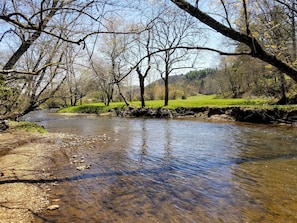 Yes, there are trout in the stream. Cast your reel off the deck.