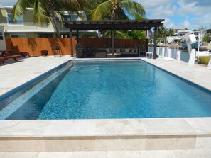 Pergola with TV, Weber BBQ and Outdoor Sofa Seating and HEATED pool