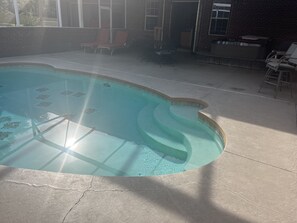 Pool, patio table w/ 6 chairs, hot tub, lounge chairs, BBQ