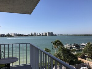 Watch the dolphins play and the boats cruise by