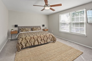 Master bedroom on second floor, renders a king-sized, memory foam mattress