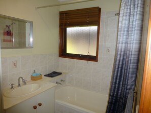 Main Bathroom with shower over bath with hand soap and body wash 