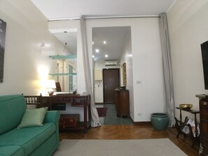 Living Room with curtain separation from entrance hall