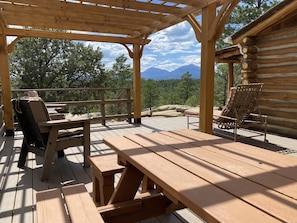View of a Spanish Peaks from deck chairs