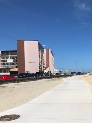 View of Regency Tower from the bike/walking path beside the ocean