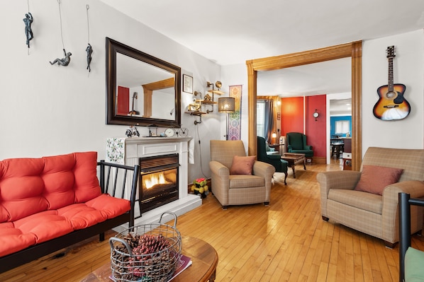 second living area with gas fireplace 