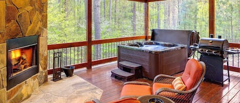 Covered Porch with Fireplace, Seating, Hot Tub and Grill