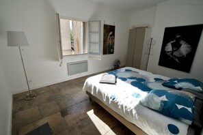First bed room, king size bed, cathedral view