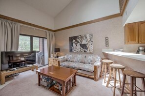 Living room with television, pull out couch and bar seating