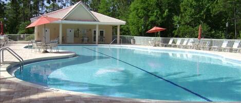 Large pool area features new pavers and heated pool.