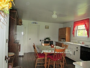 Kitchen with full size refrigerator, electric stove, microwave, dishwasher, etc.