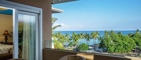 Lanai with table and ocean view