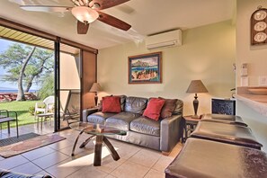 Watch TV from the plush sofa.
