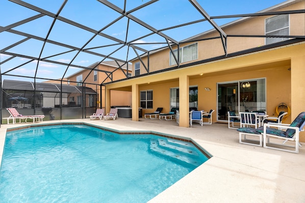 Fully screened south-west facing private pool with sun loungers