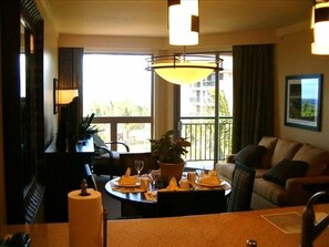 View from kitchen through living room. 