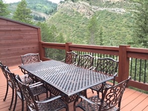 Upper deck with beautiful mountain views, seating for eight