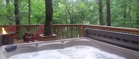 Private new hot tub surrounded by a forest that sings with songbirds. 