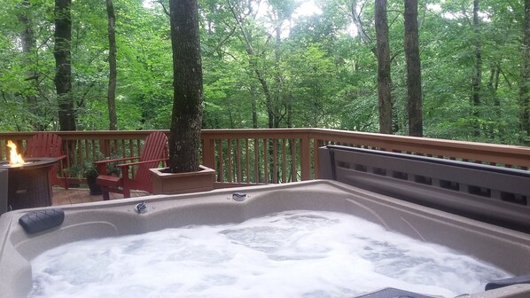 Private new hot tub surrounded by a forest that sings with songbirds. 
