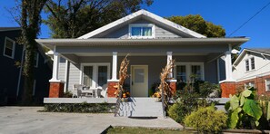 Front of house with festive decorations for Halloween.
