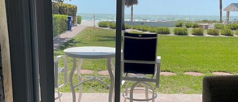 Enjoy dining on your outdoor patio with a view of the Gulf.