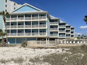 View of building from the beach