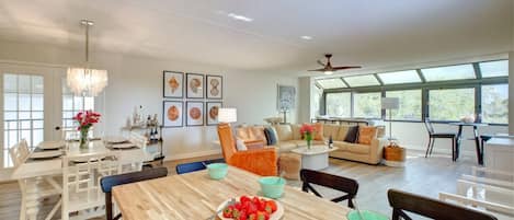 View from the high end kitchen into the spacious living room.